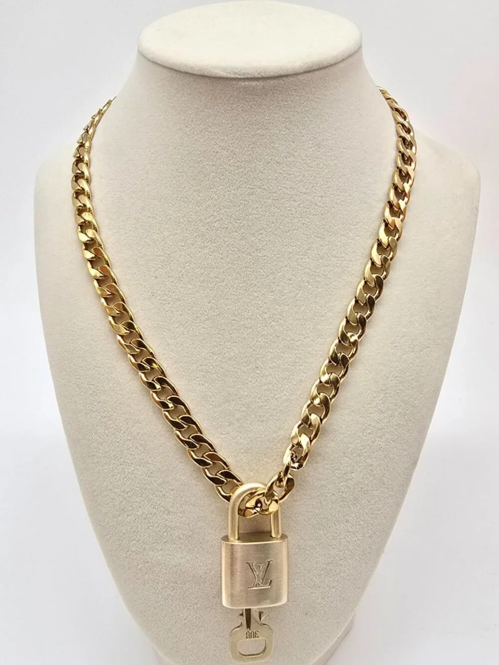 Authentic Louis Vuitgon Gold Padlock Pendant w/ Unbranded Cuban Stainless Steel